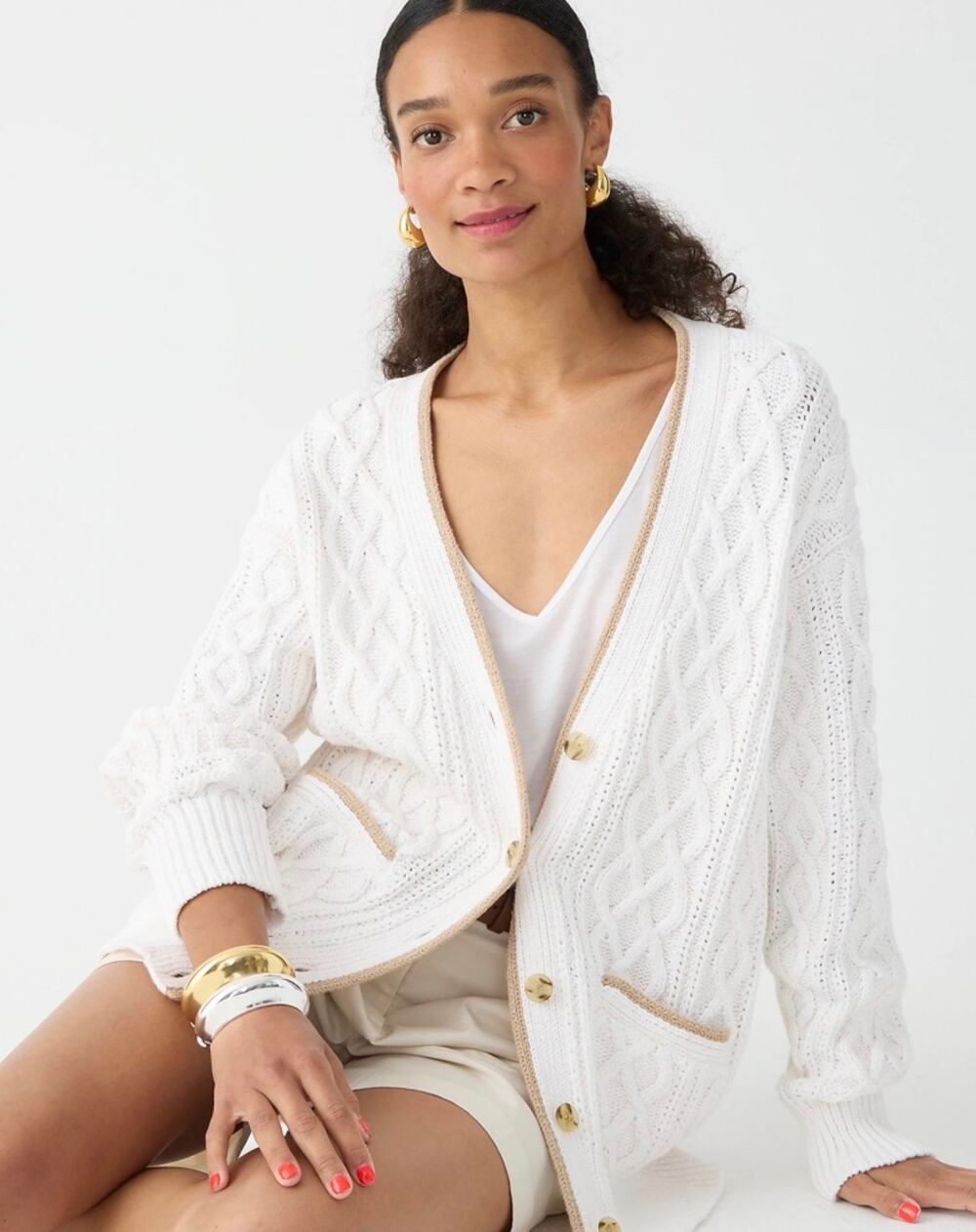 J Crew Contrast-Trim cable-knit Cardigan Sweater in White Beachwood Size XXS